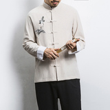 白墙风春装男士胸前鹤刺绣长袖衬衫麻本色A032/C22/55控68，男装衬衫，电商A032