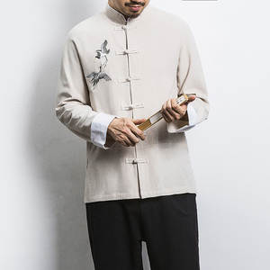 白墙 风春装男士胸前鹤刺绣长袖衬衫麻本色 A032/C22/55控68图片