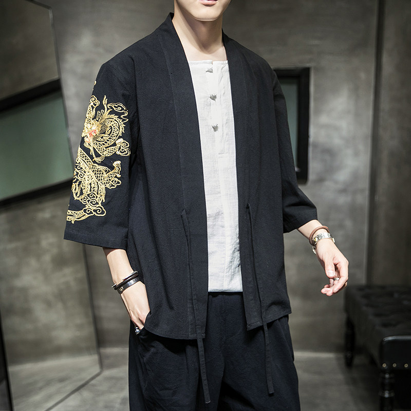 W基地风夏装男士汉服龙刺绣开衫黑色A032/KS002/50控68,男装衬衫,电商A032