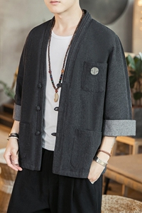 咖啡厅 风男士汉服开衫盘扣牛仔外套黑色A032/KS001/65控78图片