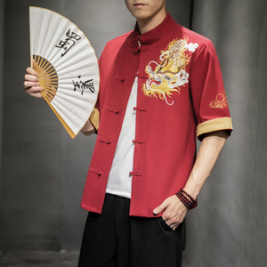 W基地 风春装男士胸前龙刺绣短袖衬衫卡其  A032/C68/55控68图片