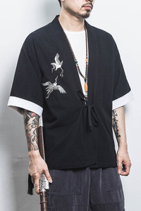 白墙 风夏装男士汉服仙鹤刺绣开衫黑色A032/KS003/50控68图片