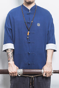 白墙风夏装 男士七分袖衬衫棉麻短袖衬衣藏青A032/C66/55控68图片