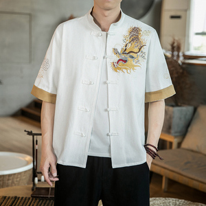 咖啡厅 风春装男士胸前龙刺绣短袖衬衫白色  A032/C68/55控68图片