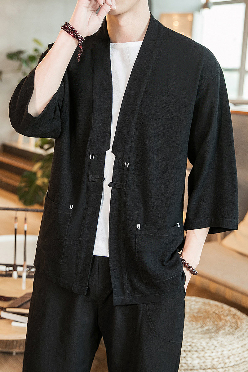 咖啡厅风夏装七分袖开衫纯色汉服衬衣黑色A032/1821/特P40,男装衬衫,电商A032
