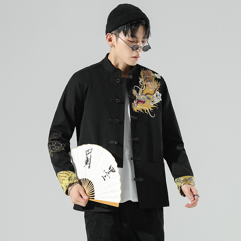 白墙风春装夹克立领盘扣翻袖金龙刺绣外套A032/JK153/100,男装夹克,电商A032