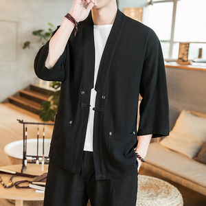 咖啡厅 风夏装七分袖开衫纯色汉服衬衣黑色A032/1821/特P40图片