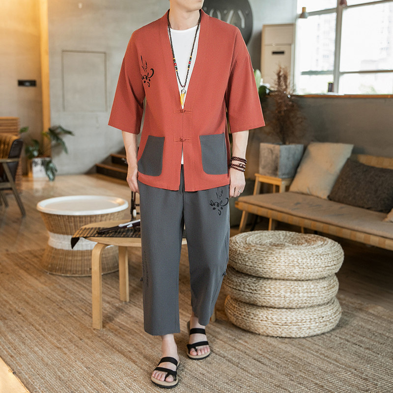 风男士七分袖开衫撞色印花汉服开衫套装藏青A032/T1191/100,男装衬衫,电商A032