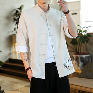 2022风男士撞色扣子复古七分短袖衬衫麻本色A032/C62/55控68图片