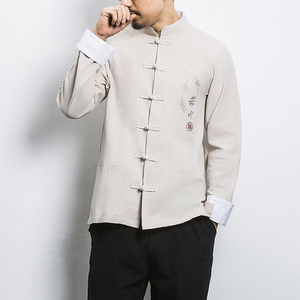 白墙 风春装男士上善若水刺绣长袖衬衫麻米色A032/C21/55控68图片
