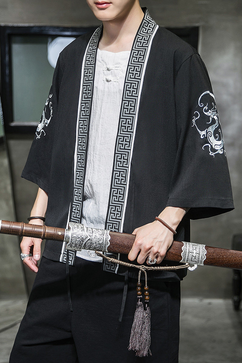 W基地风圆龙刺绣七分袖开衫汉服防晒衣黑色A032/2201/50控68,男装衬衫,电商A032