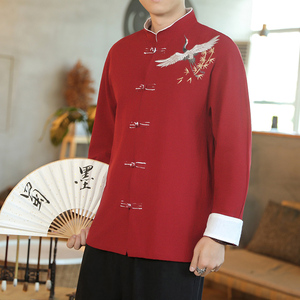 咖啡厅 风春装男士撞色盘扣飞鹤图刺绣衬衫红A032/C27/65图片