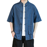 咖啡厅深蓝2023新款夏季男士复古牛仔大码风衬衫A032/C71/65，男装衬衫，电商A032