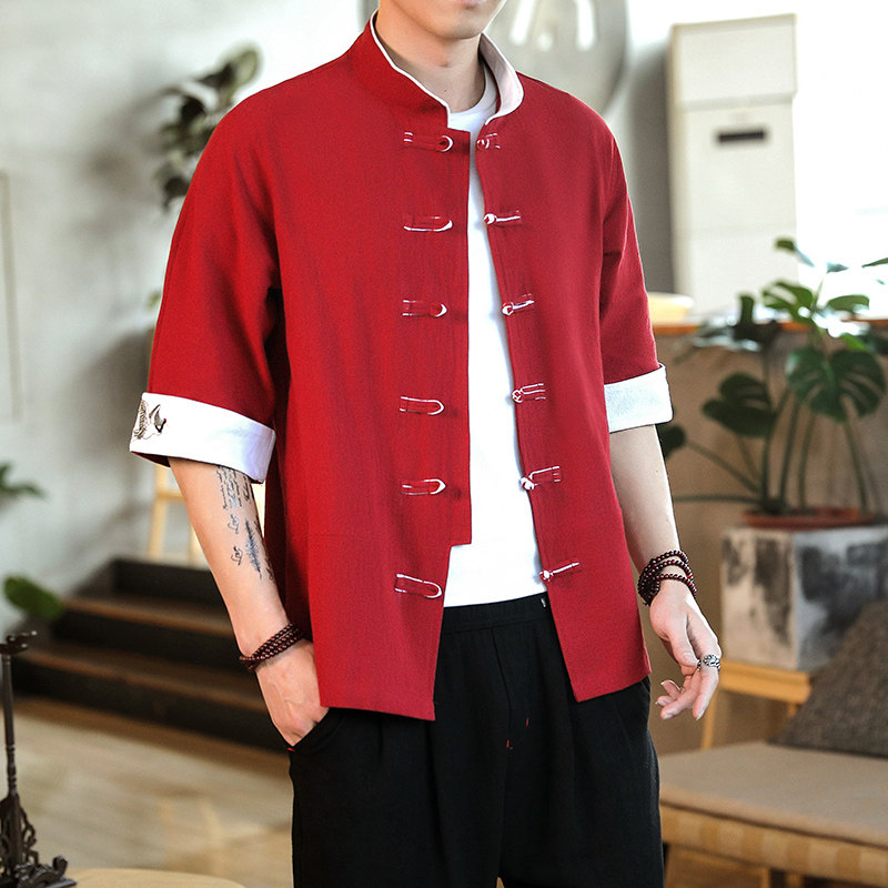 2022风男士撞色扣子仙鹤刺绣七分袖衬衫红色A032/C61/55控68,男装衬衫,电商A032