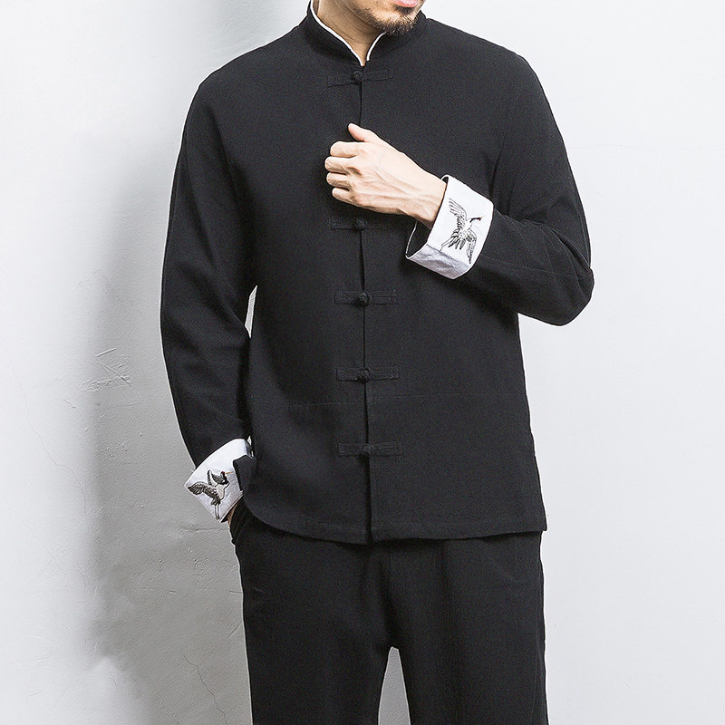 白墙风春装男士袖口鹤刺绣长袖衬衫麻本色A032/C23/55控68,男装衬衫,电商A032