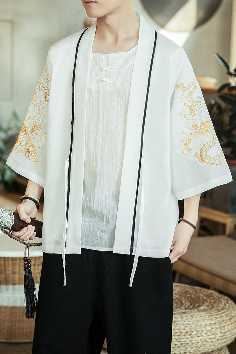 咖啡厅风龙凤刺绣七分袖开衫汉服防晒衣白色A032/2206/50控68,男装衬衫,电商A032