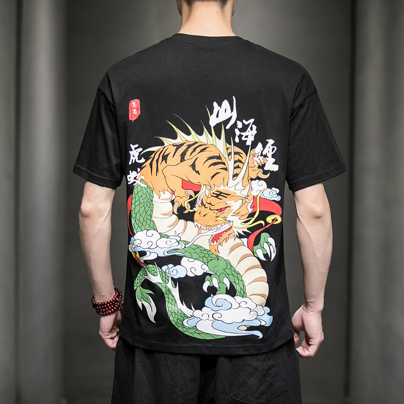 风夏装山海经系列情侣印花男士短袖T恤衫虎鲛黑A032/T105/35图片