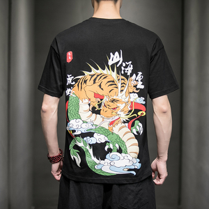 风夏装山海经系列情侣印花男士短袖T恤衫虎鲛黑A032/T105/35图片