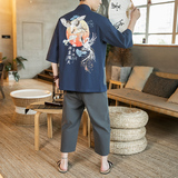 风男士七分袖开衫撞色印花汉服开衫套装藏青A032/T1191/100，男装衬衫，电商A032
