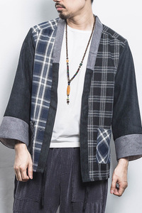 白墙 夏装风拼接撞色格子开衫汉服T恤男A032/1822/特P40图片
