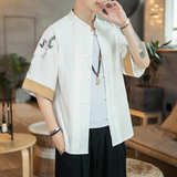 咖啡厅风男士短袖衬衫仙鹤刺绣衬衣白色A032/DS003/50控68，男装衬衫，电商A032