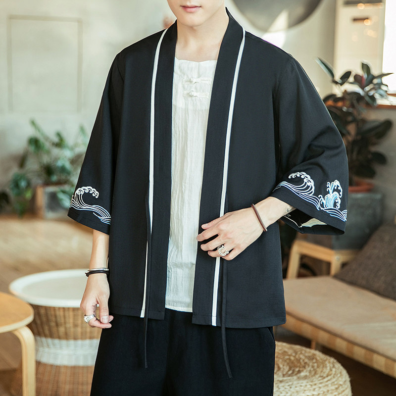 咖啡厅风海浪刺绣七分袖开衫汉服防晒衣白色A032/2207/50控68,男装衬衫,电商A032