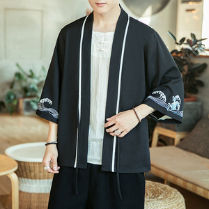 咖啡厅风海浪刺绣七分袖开衫汉服防晒衣黑A032/2207/50控68图片