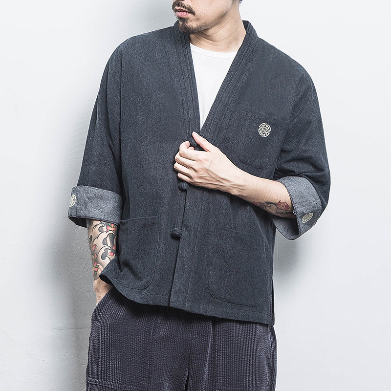 白墙风男士汉服开衫盘扣牛仔外套黑色A032/KS001/65控78,男装衬衫,电商A032