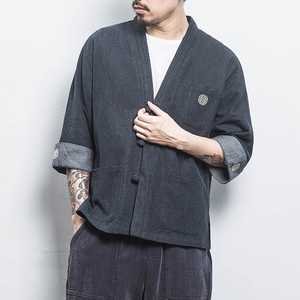 白墙 风男士汉服开衫盘扣牛仔外套黑色A032/KS001/65控78图片