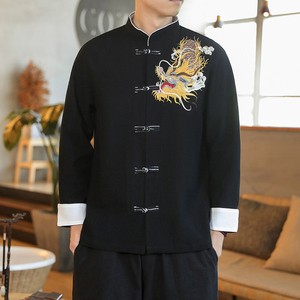 咖啡厅 风春装男士胸前龙刺绣长袖衬衫麻本色A032/C26/65控78图片