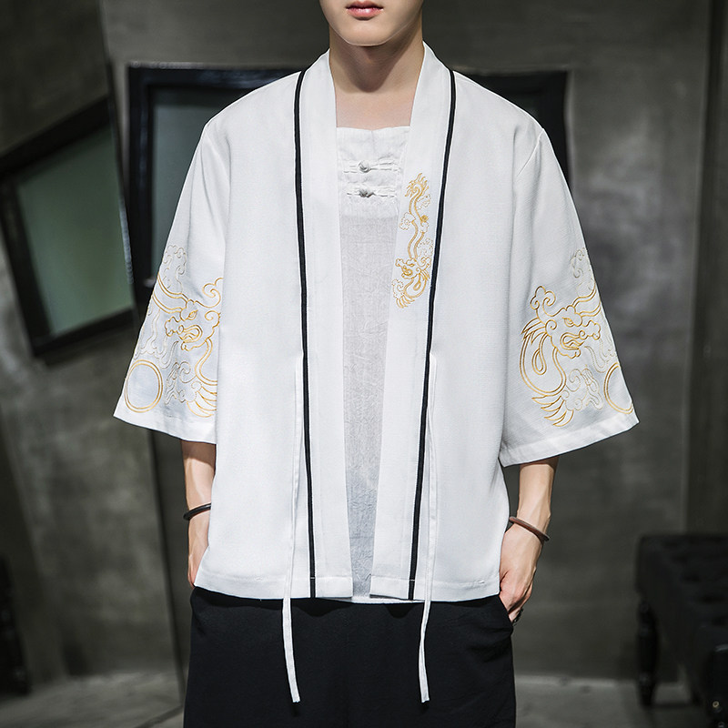 W基地风夏装新款龙腾刺绣汉服开衫衬衫白色 A032/2204/50控68图片