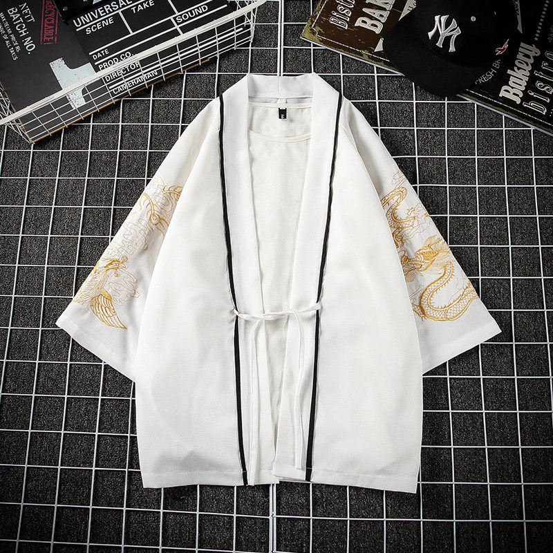 网格夏装日系龙凤刺绣七分袖开衫汉服防晒衣黑色A032/2206/50控68,男装衬衫,电商A032