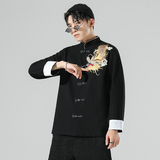 白墙风春装男士胸前龙刺绣长袖衬衫黑色A032/C26/65控78，男装衬衫，电商A032