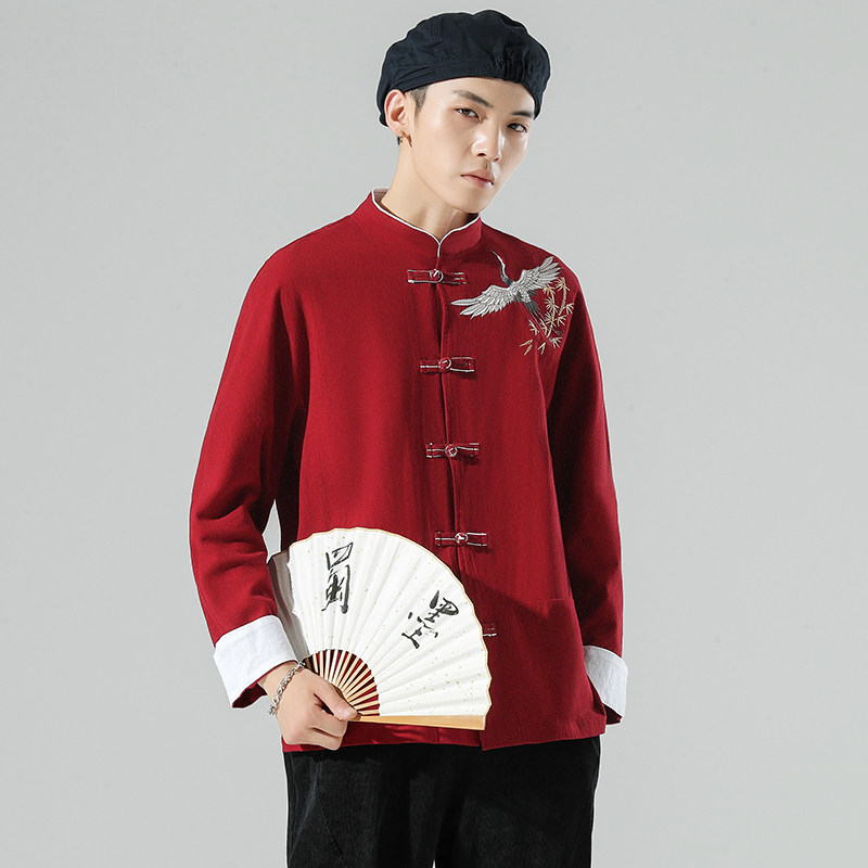 无影墙风春装男士撞色盘扣飞鹤图刺绣衬衫红A032/C27/65,男装衬衫,电商A032