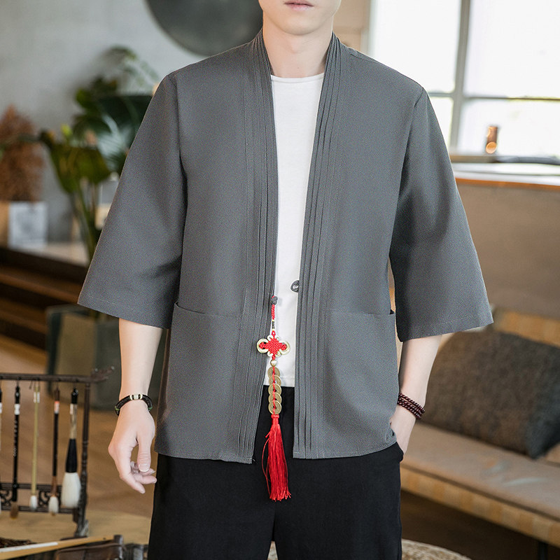 咖啡厅夏季风纯色汉服开衫 灰色七分袖铜钱道袍A032/KS006/60图片