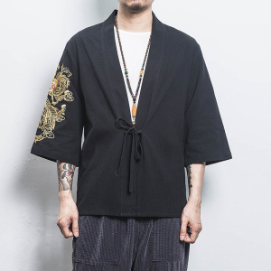 白墙 风夏装男士汉服龙刺绣开衫卡其色A032/KS002/50控68图片