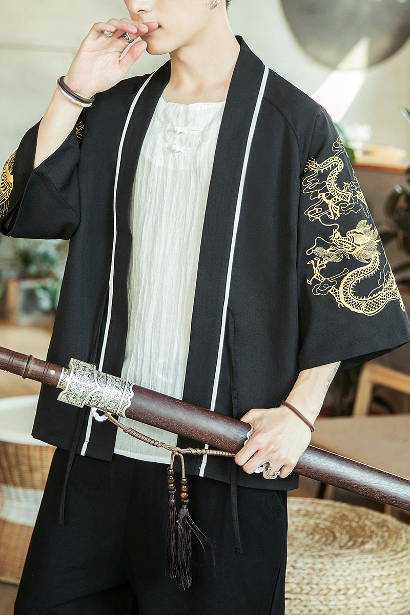 咖啡厅风龙凤刺绣七分袖开衫汉服防晒衣黑色A032/2206/50控68,男装衬衫,电商A032