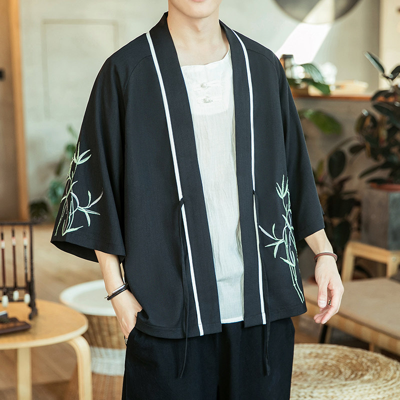 咖啡厅风竹子刺绣七分袖开衫汉服防晒衣白色A032/2205/50控68,男装衬衫,电商A032