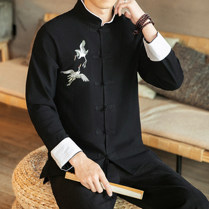 咖啡厅 风春装男士胸前鹤刺绣长袖衬衫黑色  A032/C22/55控68图片
