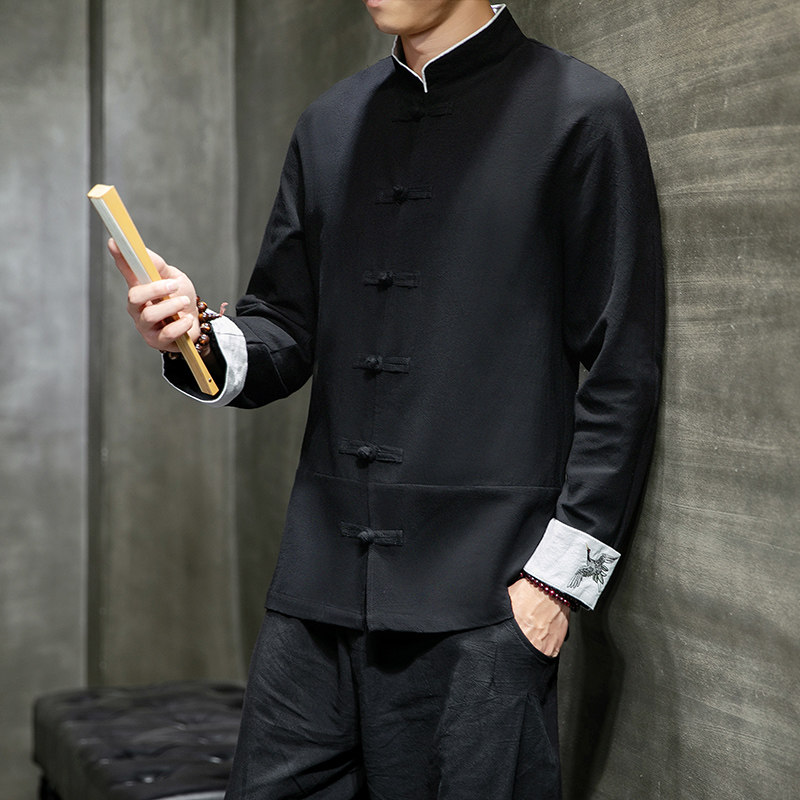 W基地风春装男士袖口鹤刺绣长袖衬衫黑色A032/C23/55控68,男装衬衫,电商A032