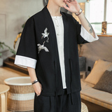 咖啡厅风夏装男士汉服仙鹤刺绣开衫湖蓝色A032/KS003/50控68，男装衬衫，电商A032
