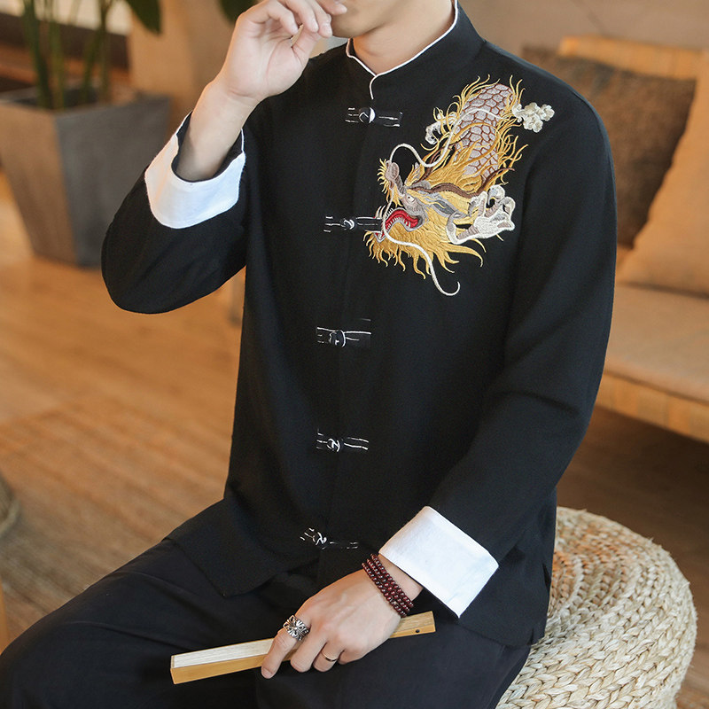 咖啡厅风春装男士胸前龙刺绣长袖衬衫黑色A032/C26/65控78,男装衬衫,电商A032