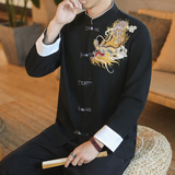 咖啡厅风春装男士胸前龙刺绣长袖衬衫黑色A032/C26/65控78，男装衬衫，电商A032