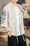 咖啡厅风夏装男士汉服龙刺绣开衫卡其色A032/KS002/50控68，男装衬衫，电商A032