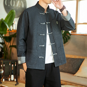 咖啡厅风春装男士盘扣牛仔刺绣夹克黑色 A032/NY22/120控148图片