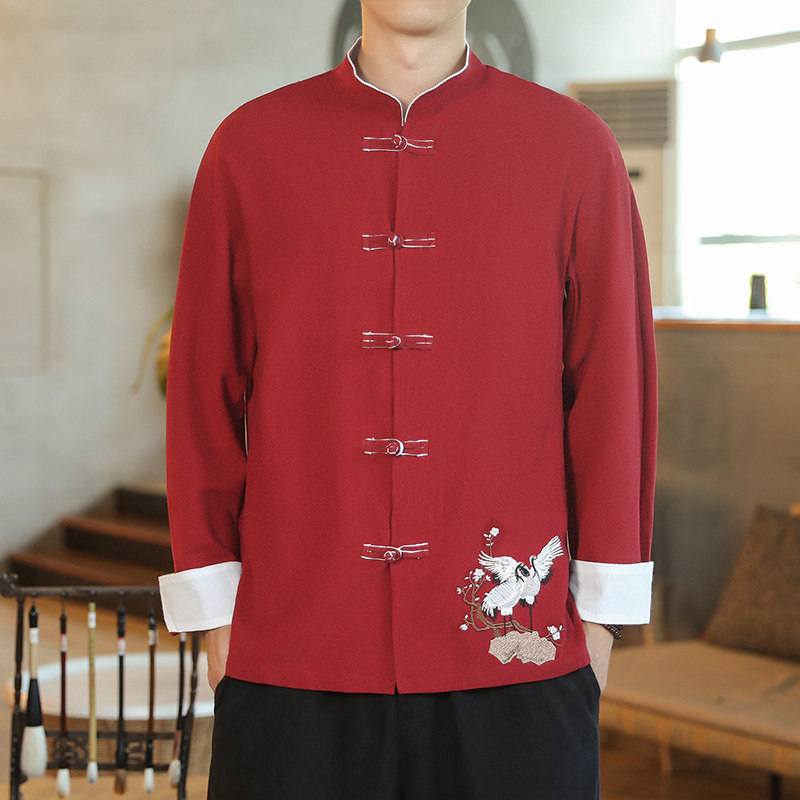 咖啡厅风春装男士衣脚鹤刺绣长袖衬衫黑色A032/C25/65控78,男装衬衫,电商A032