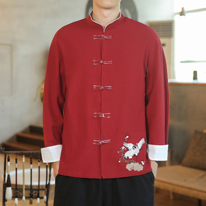 咖啡厅 风春装男士衣脚鹤刺绣长袖衬衫黑色  A032/C25/65控78图片
