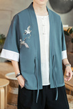 咖啡厅风夏装男士汉服仙鹤刺绣开衫湖蓝色A032/KS003/50控68，男装衬衫，电商A032