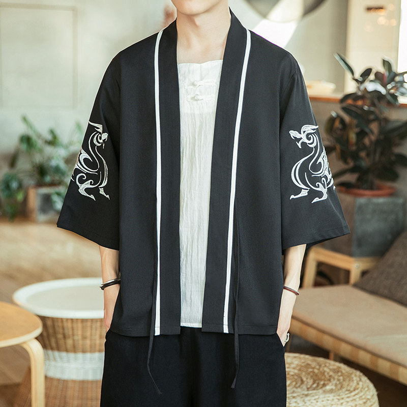 咖啡厅风夏装银龙刺绣汉服开衫衬衫黑色A032/2202/50控68,男装衬衫,电商A032