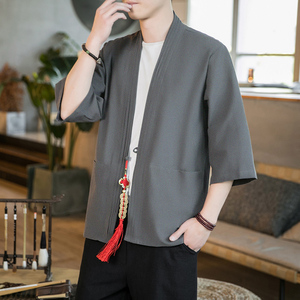 咖啡厅夏季风纯色汉服开衫 灰色七分袖铜钱道袍A032/KS006/60图片